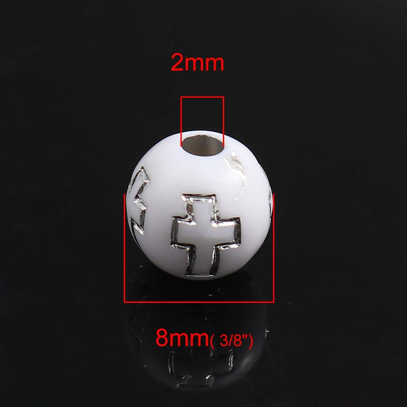 JGFinds Small Round Religious Spacer Beads  500 Pack Ball Shaped Bead Spacers  8mm (1/3 Inch) with 2mm Large Hole  Acrylic with Wood Look  Christian Beads (Silver Cross) - Image 2